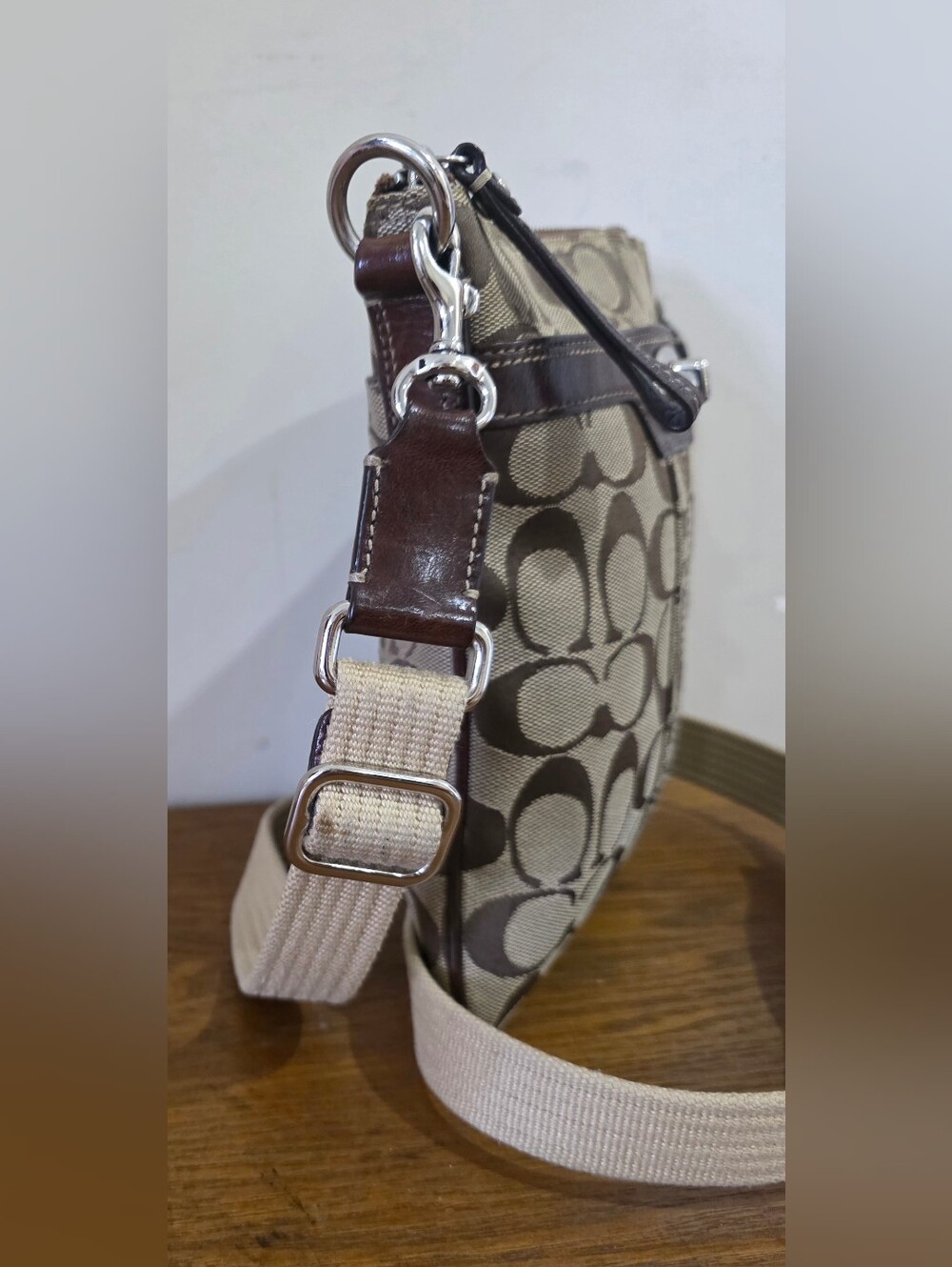 Coach Signature Jacquard Brown/Tan leather Crossbody bag - Picture 10 of 11